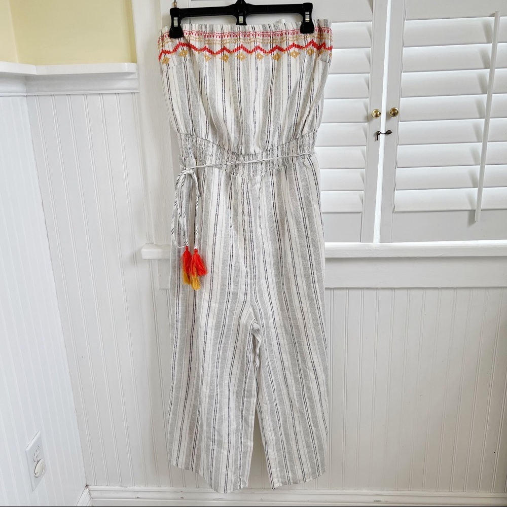 VOY NWT White & Black Stripe Embroidered Strapless Cropped Jumpsuit Size Medium